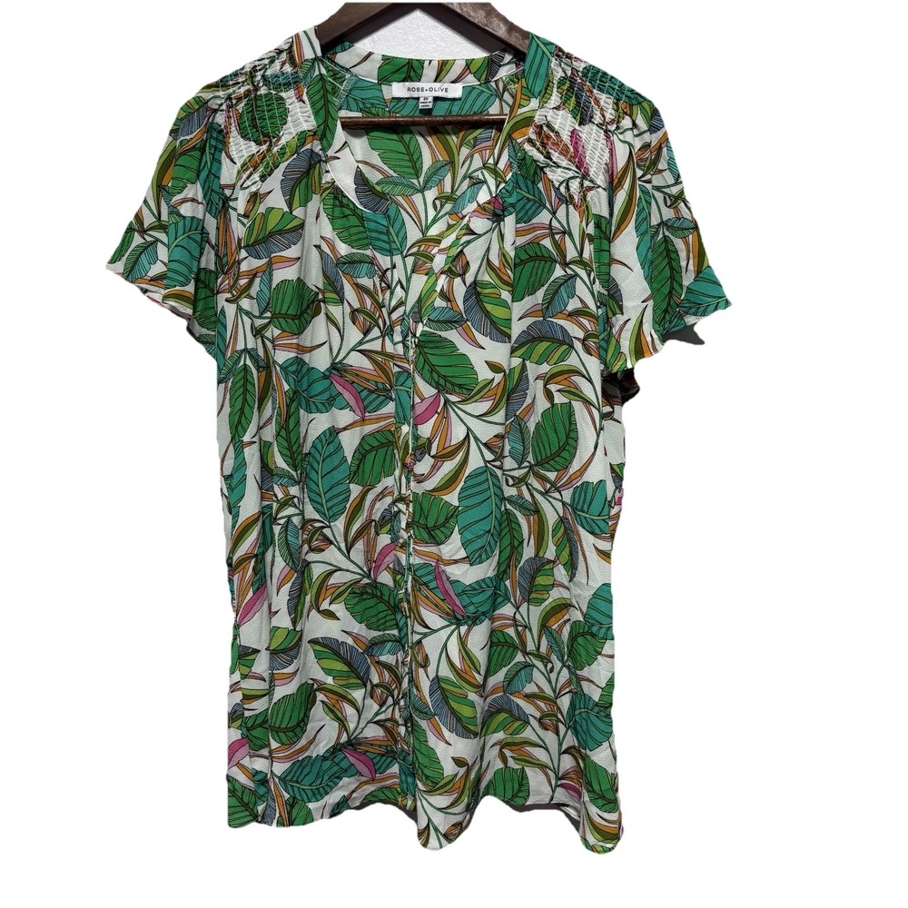 Rose Olive Blouse Womens 2X Green Bright Tropical Stretch Tunic Button Front